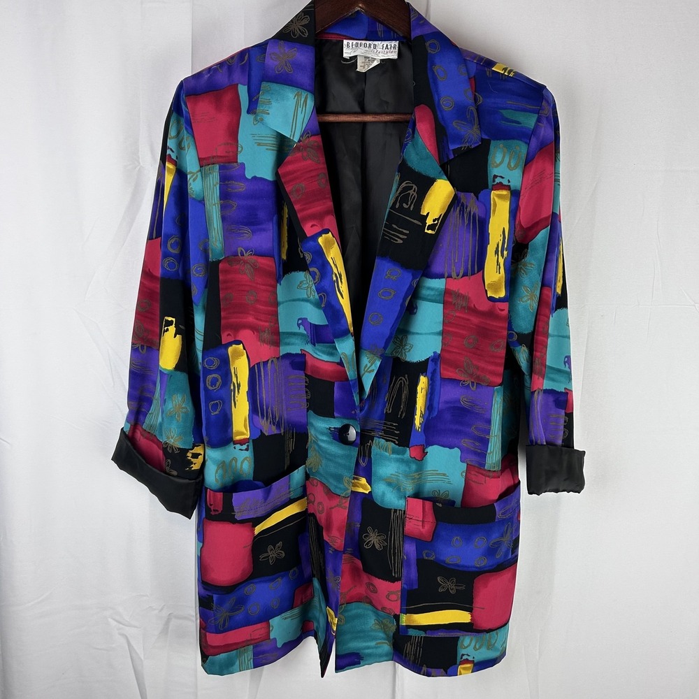 Vintage Bedford Fair Blazer‎ Womens Small Multicolor Abstract Print Jacket 90s